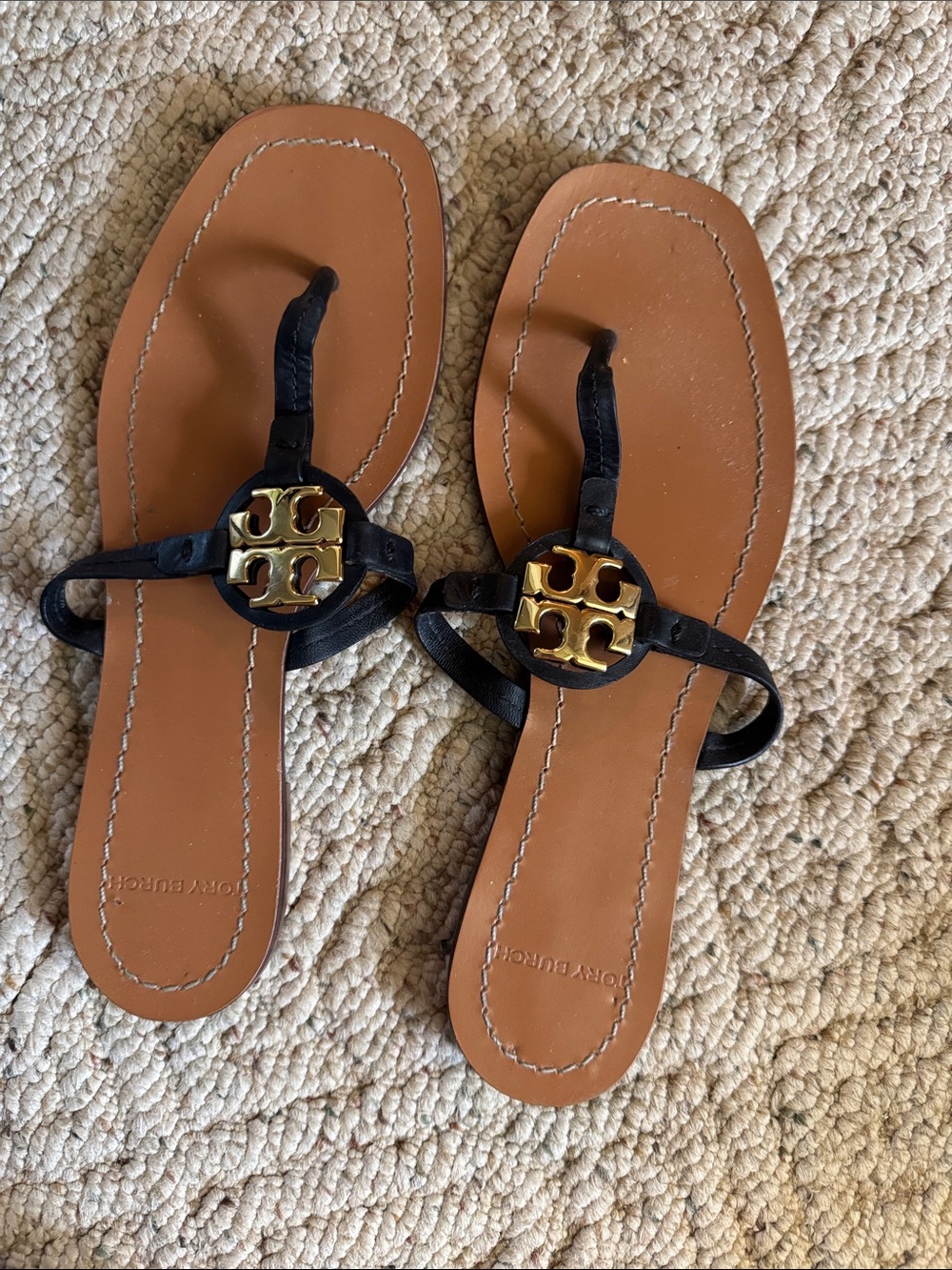 Tory Burch Black Leather Sandals with Gold Logo on Tan Footbed